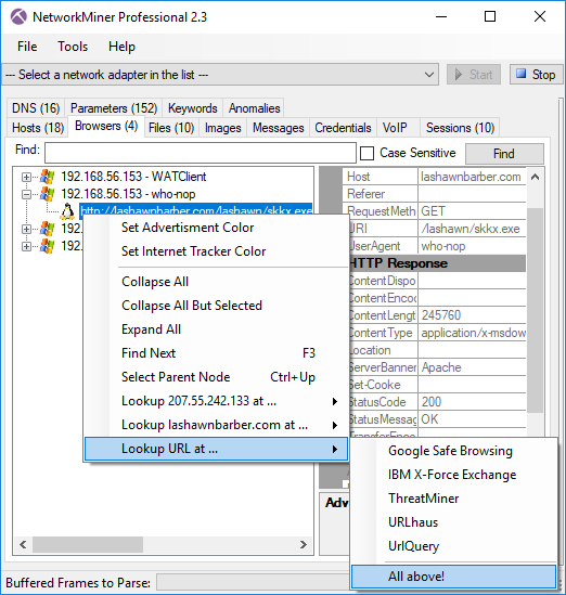 OSINT URL lookup in NetworkMiner Professional 2.3