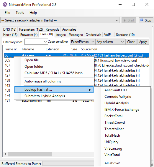 OSINT file hash lookup in NetworkMiner Professional 2.3