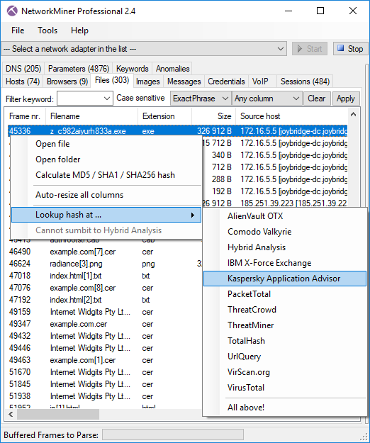 OSINT lookup of file hash in NetworkMiner Professional