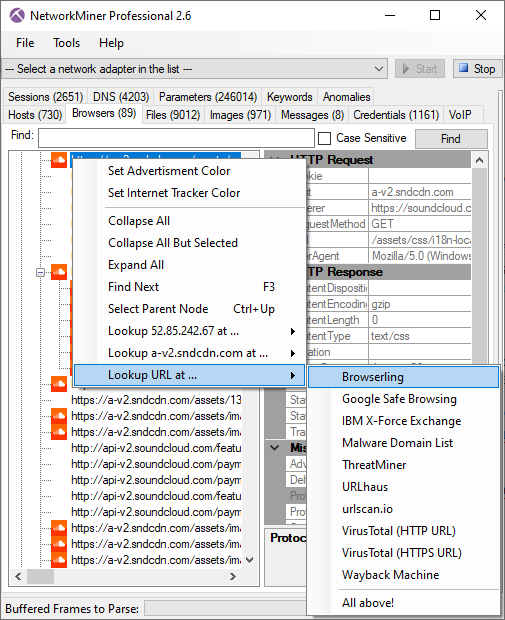 URL lookup menu in NetworkMiner Professional's Browsers tab