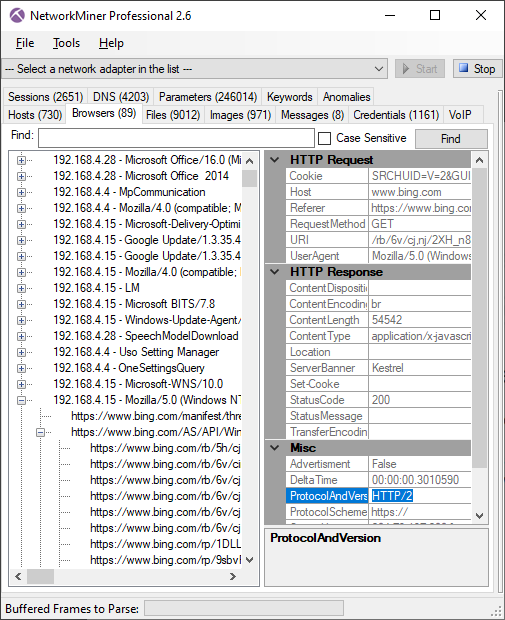 HTTP/2 traffic in NetworkMiner Professional's Browsers tab