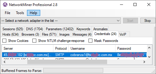 SMTP usernames and passwords extracted from SMTP traffic