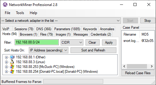 NetworkMiner with CIDR filter 192.168.88.0/24