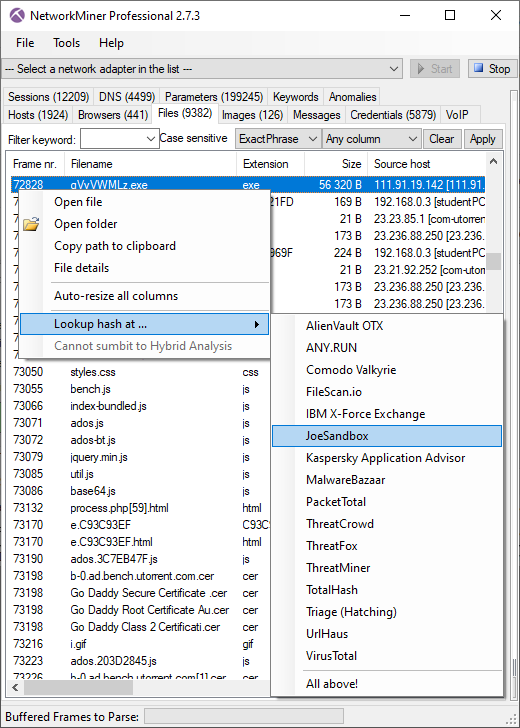 Lookup of file hash on JoeSandbox