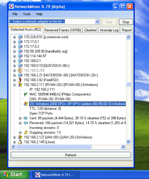 NetworkMiner 0.79 in Windows XP