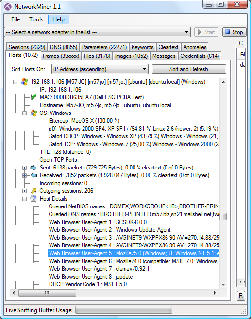 NetworkMiner with OS identification results