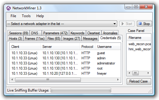 NetworkMiner with web_recon.pcap and hmi_web_recon.pcap loaded