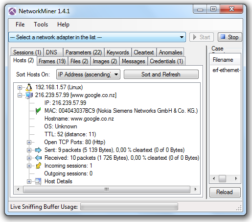 NetworkMiner with erf-ethernet-example.pcap loaded