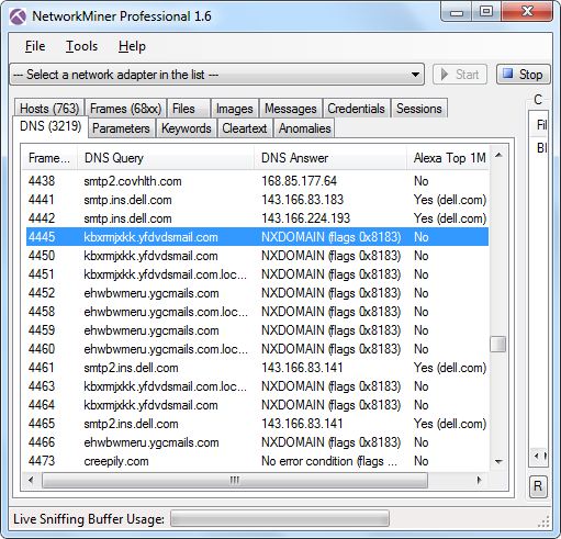 NetworkMiner Professional 1.6 with DNS traffic from the Contagio Kuluoz-Asprox