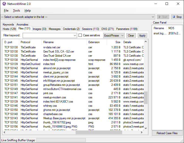 NetworkMiner extracted files