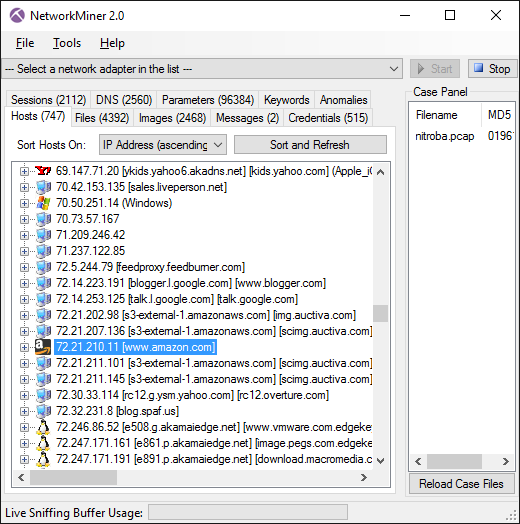 NetworkMiner 2.0 showing hosts in nitroba.pcap