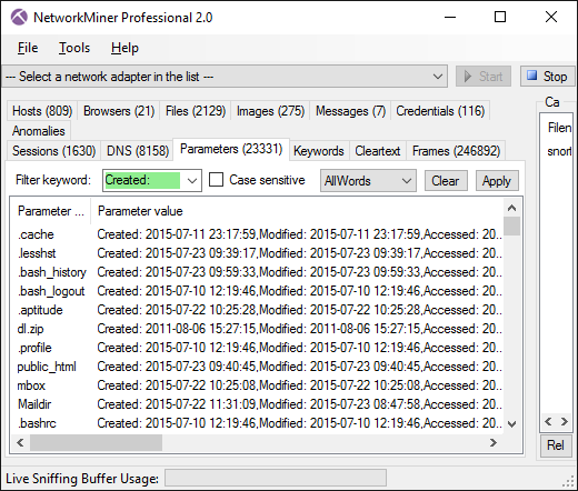 SMB2 file timestamps shown in Parameters tab