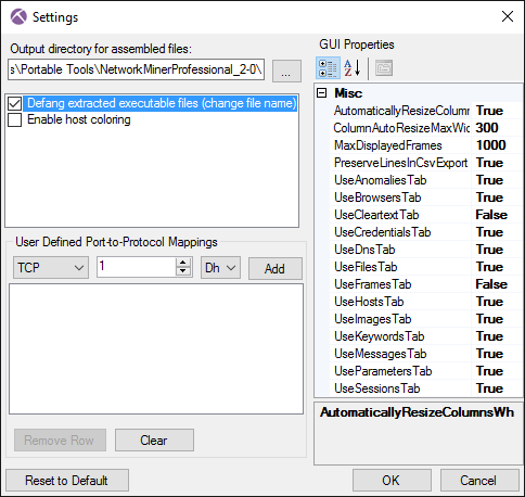 Settings window in NetworkMiner Professional