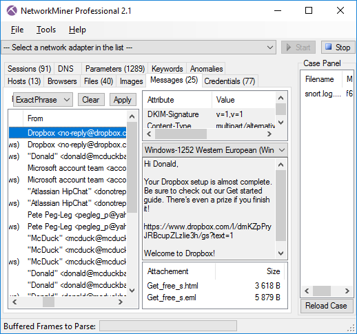 Messages tab in NetworkMiner 2.1 showing extracted emails