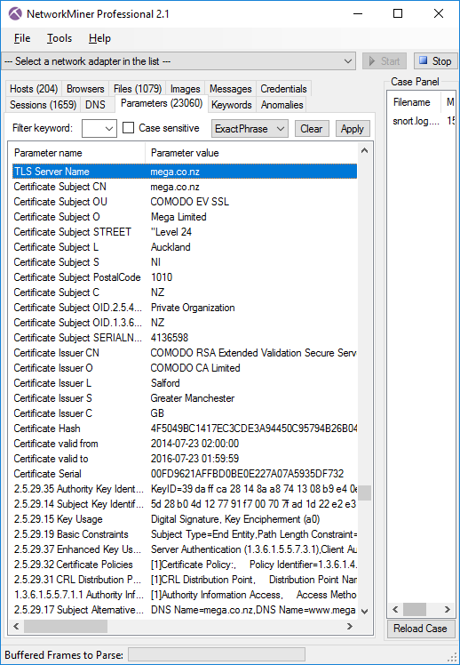 SSL and certificate information extracted by NetworkMiner from PCAP