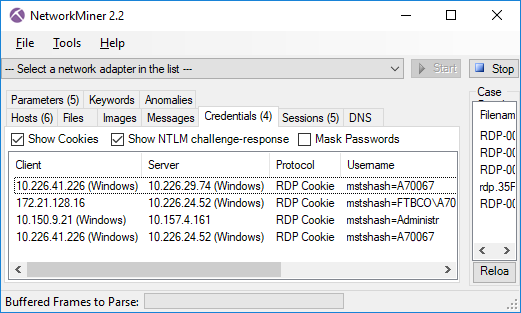 RDP Cookies extracted with NetworkMiner 2.2