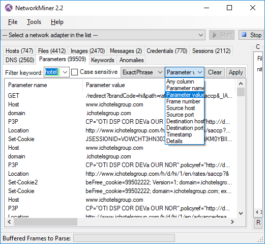 Keyword drop-down in NetworkMiner's Parameters tab