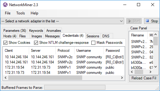 SNMP Community Strings in NetworkMiner's Credential tab