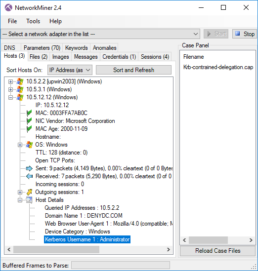 Kerberos username (Administrator) and realm (DENYDC.COM) in NetworkMiner's Host tab