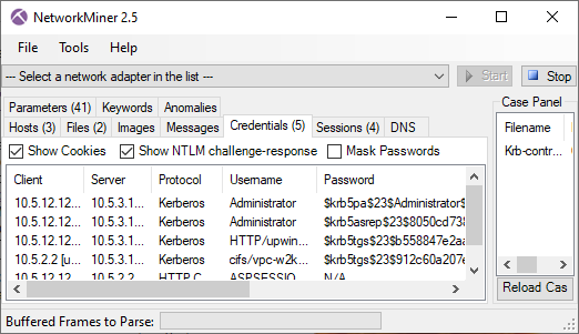 Kerberos krb5pa, krb5asrep and krb5tgs credentials extracted from the Wireshark sample capture file