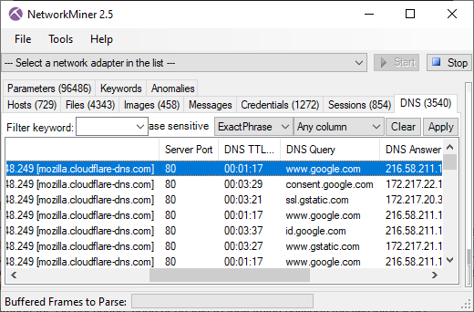 DoH lookup of www.google.com shown in NetworkMiner