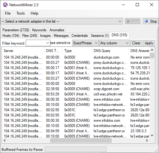 DoH traffic to mozilla.cloudflare-dns.com in NetworkMiner’s DNS tab