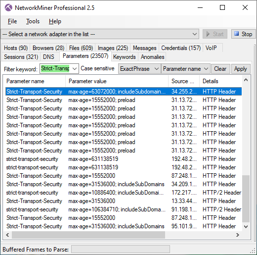NetworkMiner 2.5 showing HSTS headers from HTTP/1.1 and HTTP/2 traffic