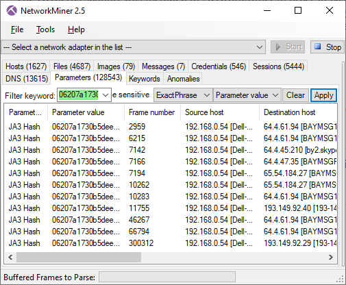 Filtering on JA3 hash 06207a1730b5deeb207b0556e102ded2 in NetworkMiner 2.5