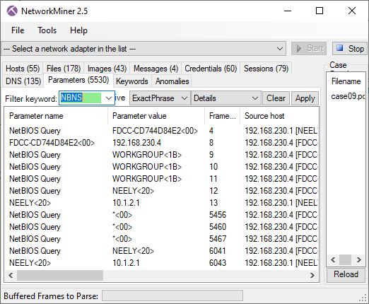 NBNS queries and responses in NetworkMiner’s Parameters tab
