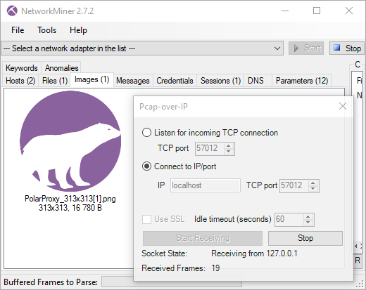 NetworkMiner reading PCAP-over-IP from PolarProxy