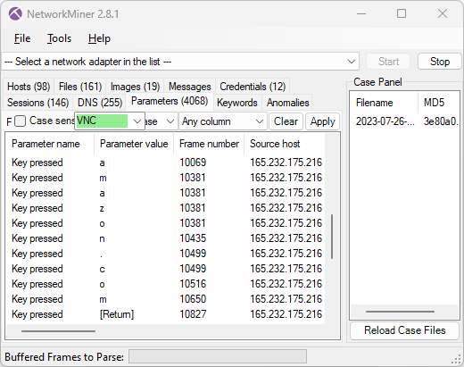 Keylog of attacker typing amazon.com