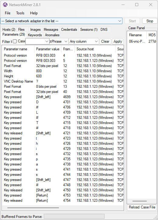 VNC keylog in NetworkMiner