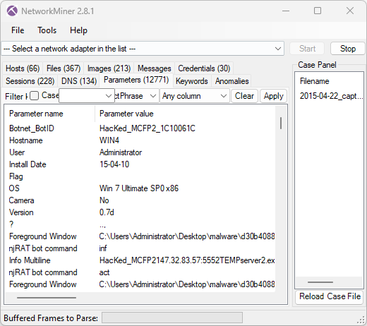 Victim info extracted from njRAT PCAP with NetworkMiner