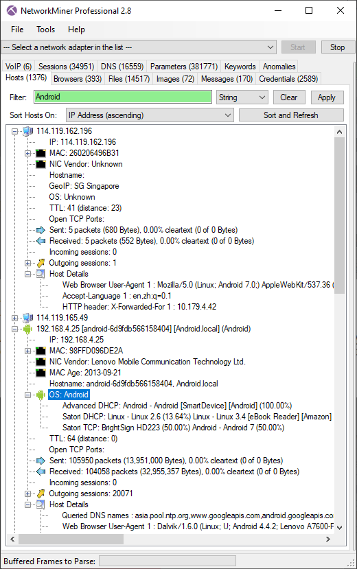 NetworkMiner with Hosts filter Android