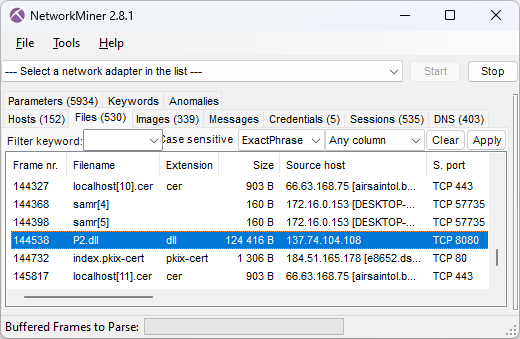 Files extracted by NetworkMiner from network traffic, including Cobalt Strike P2.dll