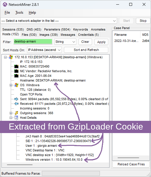 Hostname, SID, username and Windows version extracted from GzipLoader cookie by NetworkMiner 2.8.1
