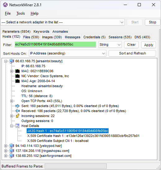 NetworkMiner hosts details for IcedID C2 server showing JA3S hash ec74a5c51106f0419184d0dd08fb05bc