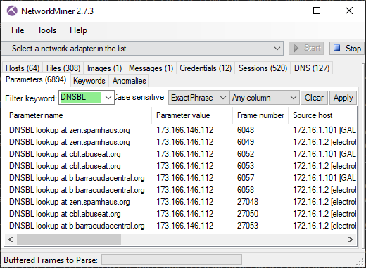 NetworkMiner with DNSBL parameters