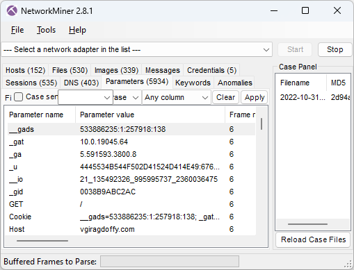 Cookie parameters from GzipLoader request in NetworkMiner 2.8.1