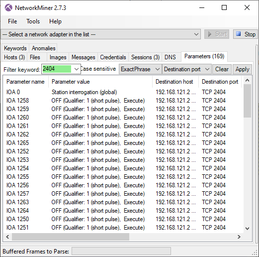 IEC-104 traffic to 192.168.121.2 in NetworkMiner