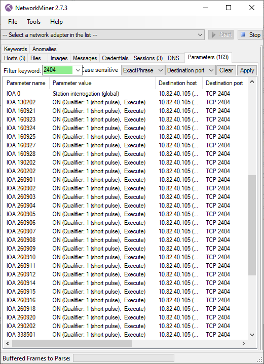 IEC-104 traffic to 10.82.40.105 in NetworkMiner