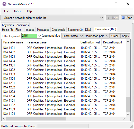 IEC-104 traffic to 10.82.40.105 in NetworkMiner