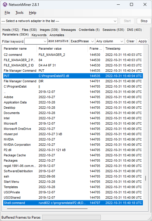 NetworkMiner 2.8.1 showing CobaltStrike delivered to victim through BackConnect's File Manager