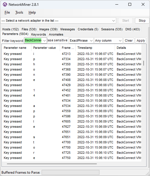 Attacker’s keystrokes extracted from BackConnect VNC traffic