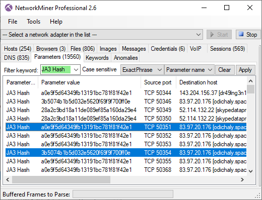 NetworkMiner's Parameters tab with keyoword filter JA3 Hash