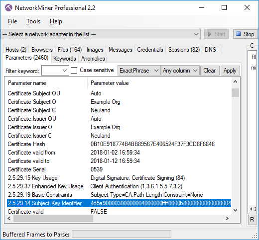 Parameters tab in NetworkMiner showing X.509 certificate details