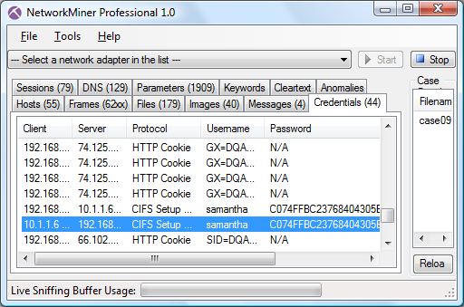 NetworkMiner Professional 1.0 Credentials tab with NTLMv2 login