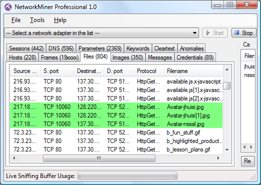 NetworkMiner Professional Screenshot with Files tab