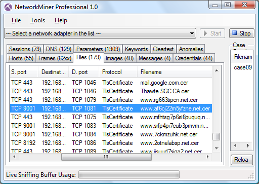 NetworkMiner Professional 1.0 Files tab with extracted TOR/SSL certificates