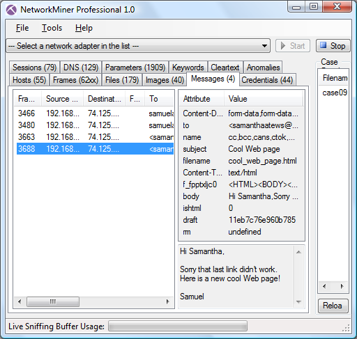 NetworkMiner Professional 1.0 Messages tab showing extracted email